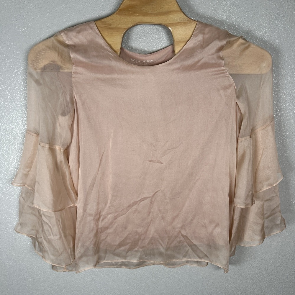 Soft Surroundings Size Large Pink Silk Bell Sleeve‎ Tunic Top Romantic Feminine